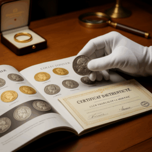 Certificat d’authenticité du Club Français de la Monnaie avec pièces rares et collection numismatique
